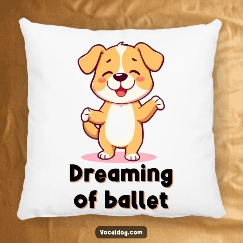 Funny pillow with a dog character performing a cheerful jig, creating a cozy and playful atmosphere. A comfy funny gift.