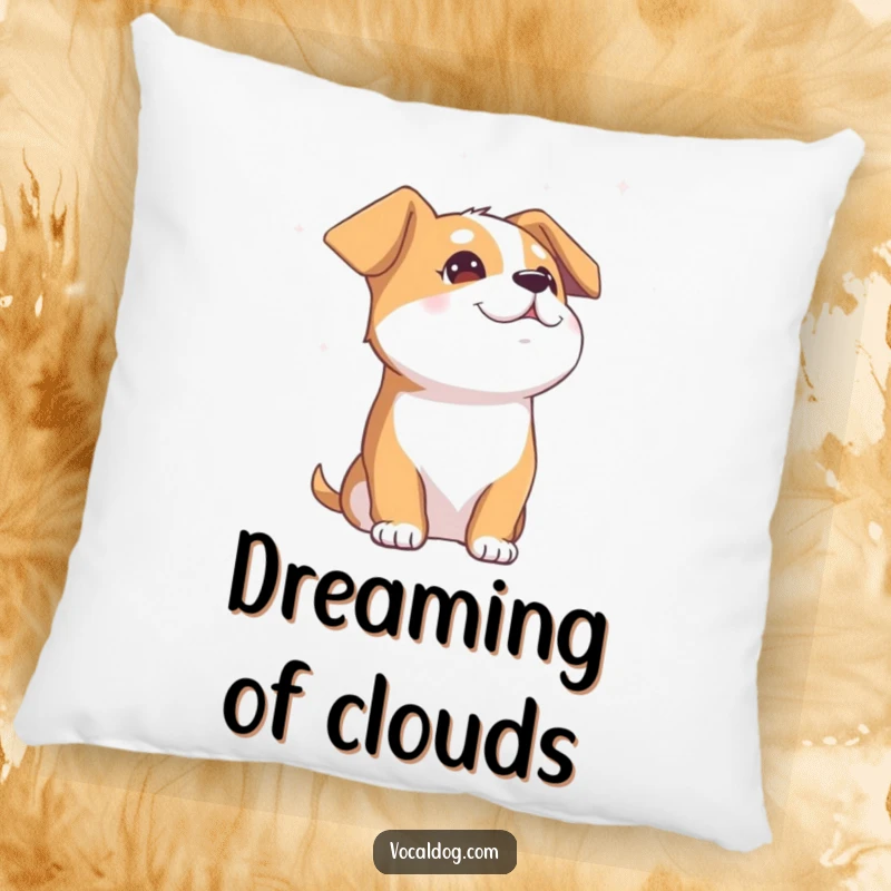 Funny Dog Pillow: A soft, decorative cushion featuring a happy dog character gazing upwards at the sky with its eyes closed in blissful relaxation.
