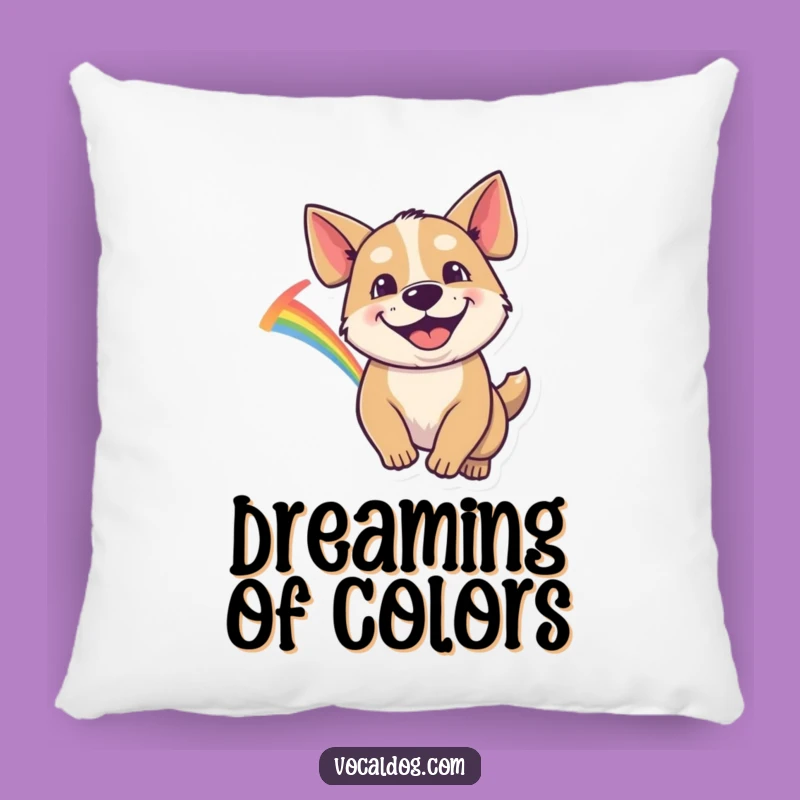 Funny Dog Pillow: Goofy Grin Rainbow Chase, Playful Comfort Gift