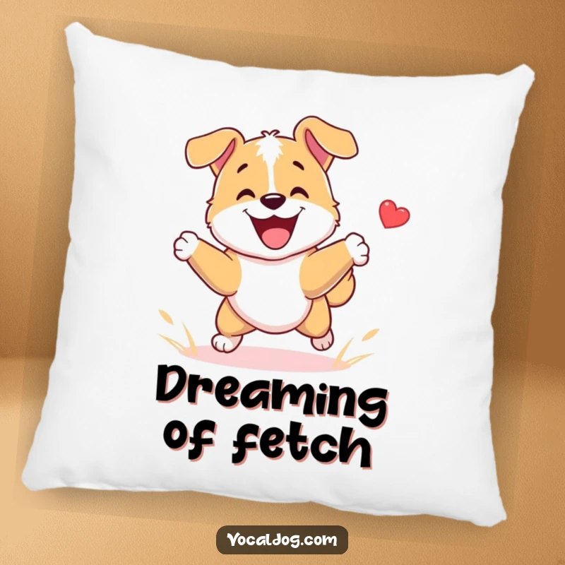 Funny Dog Pillow featuring a dog character playing fetch with immense happiness, embodying pure joy and playful energy with a humorous and cozy aesthetic.