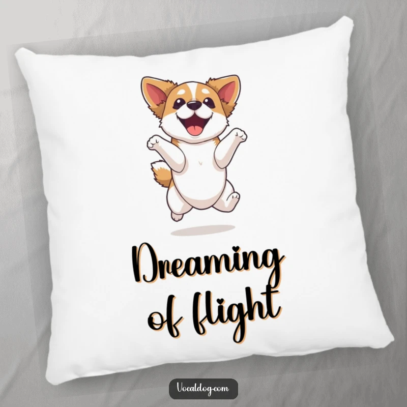 Funny dog pillow, showing a dog mid-air with a look of pure elation, bringing cozy humor and energetic joy to any room.