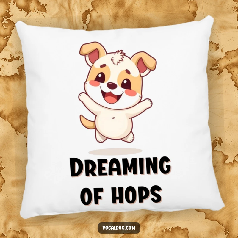 Funny Pillow featuring a happy dog character hopping with an overwhelmingly cheerful and ecstatic expression.