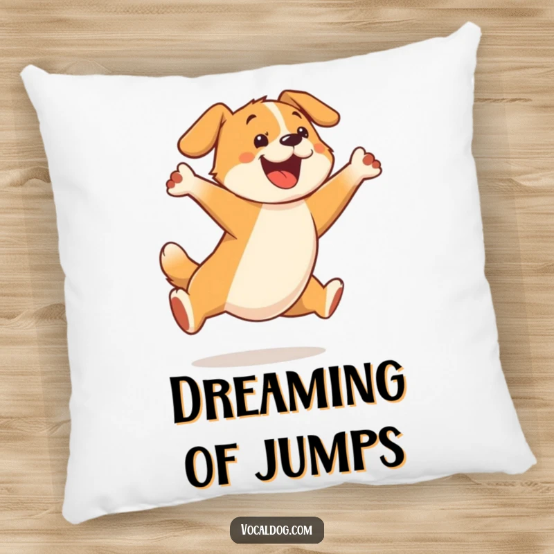 Funny pillow featuring a dog character captured mid-leap, conveying absolute joy and excitement with every stitch.