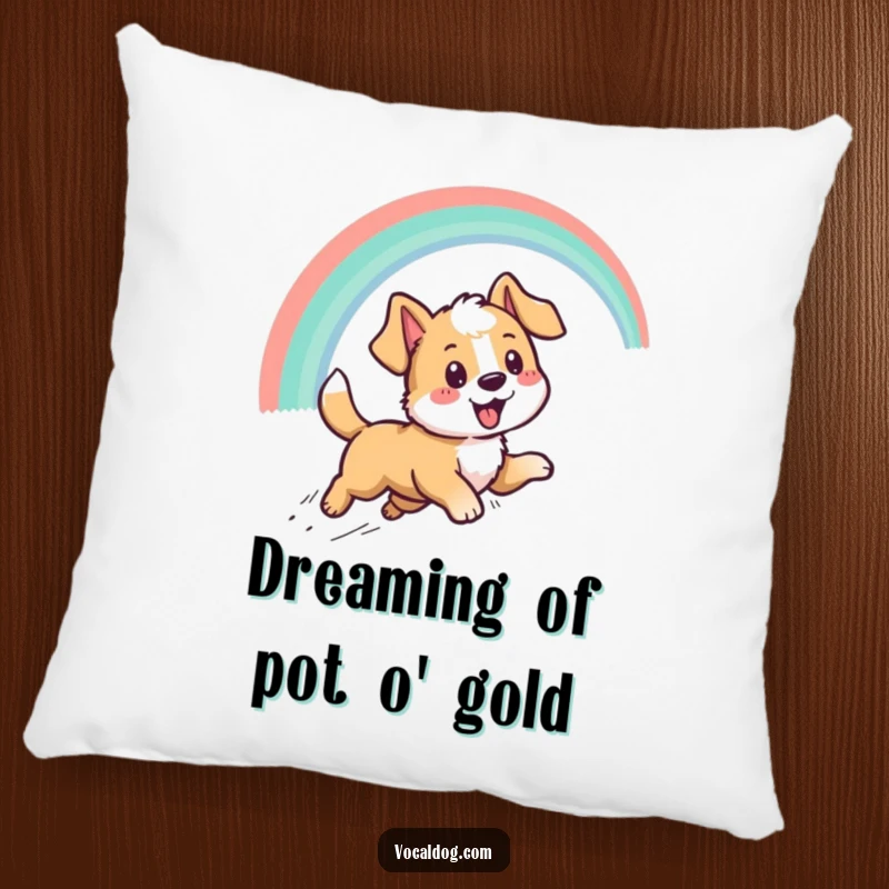 Funny pillow showcasing a determined dog character mid-chase towards a bright rainbow, delivering comfort and humorous charm.