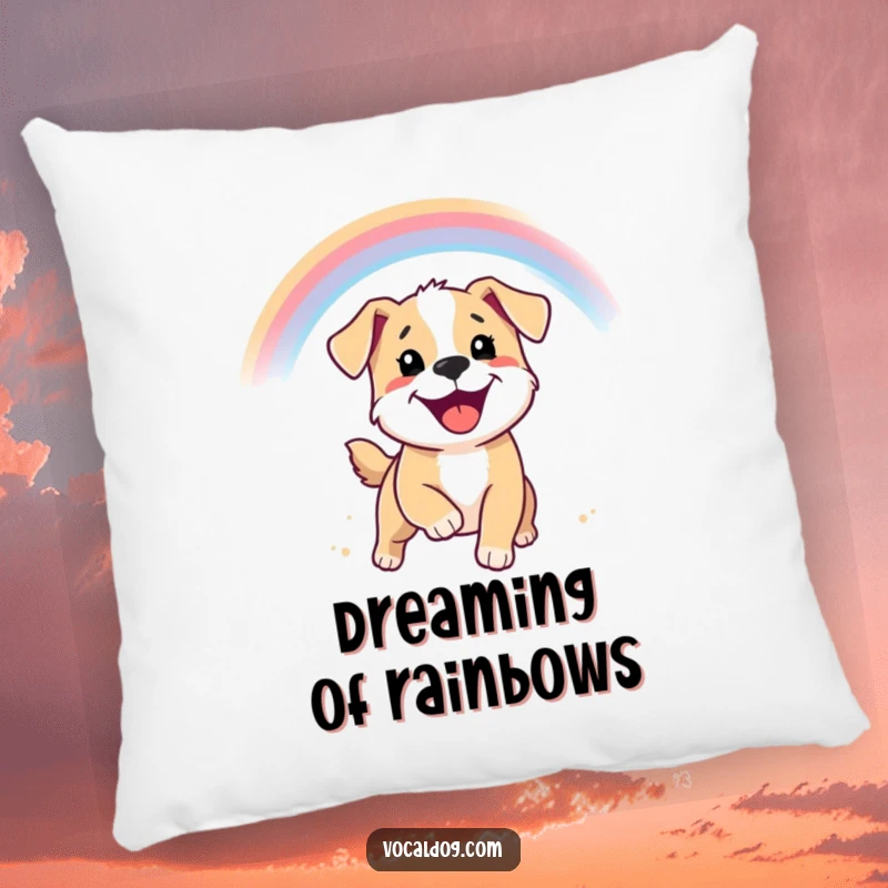 Funny pillow featuring a happy puppy with a beaming smile, dreaming of chasing a rainbow.