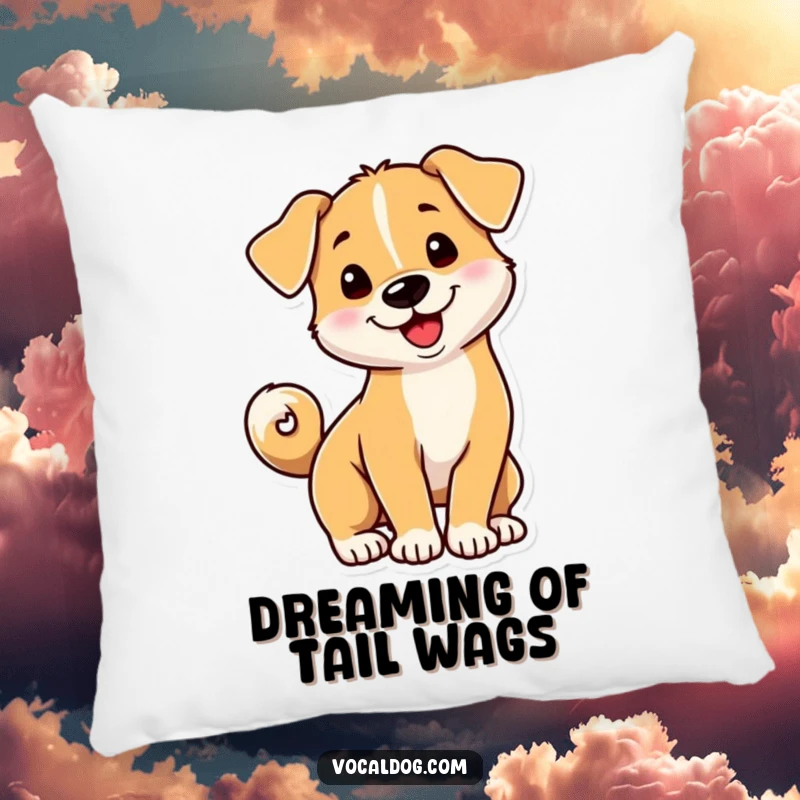 Funny dog pillow featuring a playful dog with its tail curled into a happy spiral, adding fun to any room.
