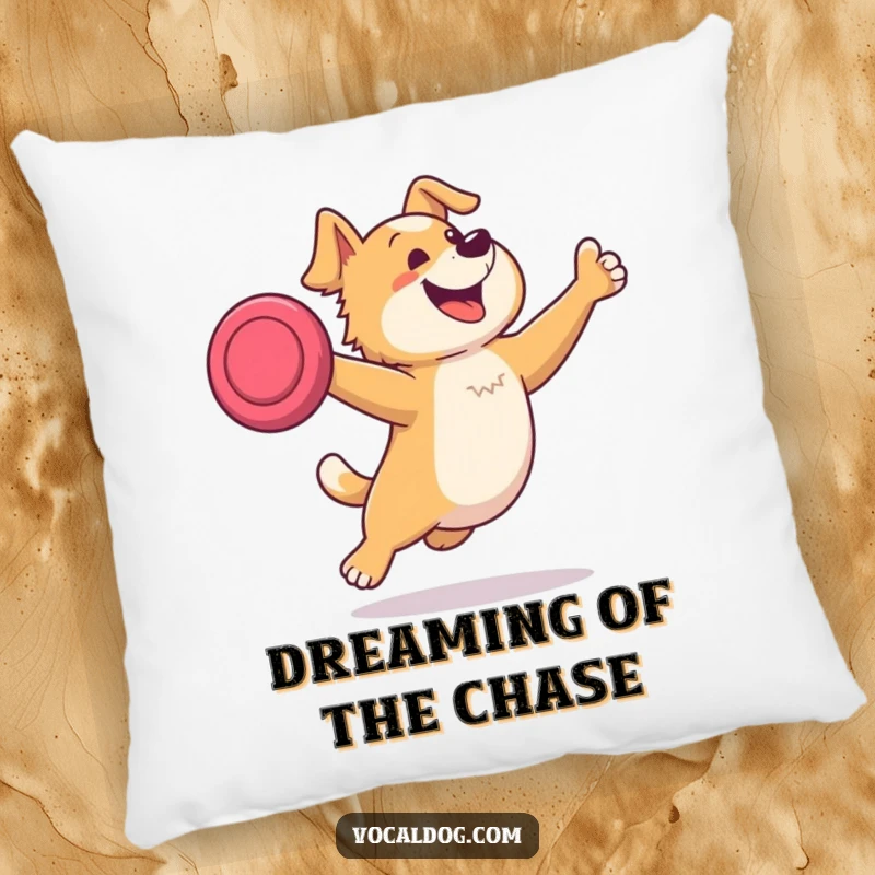 Funny pillow with a dog joyfully leaping to catch a frisbee, offering comfort and a humorous reminder of playful outdoor adventures with pets.