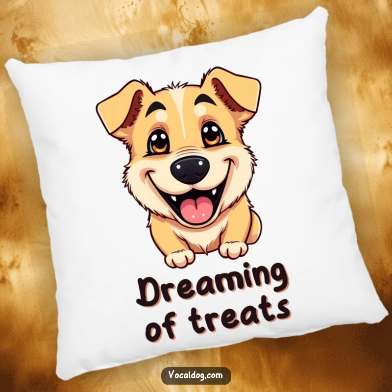Funny pillow featuring a dog’s wide, goofy grin and sparkling eyes, offering comfort and a dose of pure happiness.