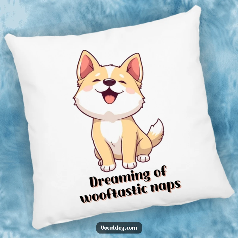 Funny dog pillow with a joyous dog woofing, head back, offering comfort and a humorous splash of canine delight.