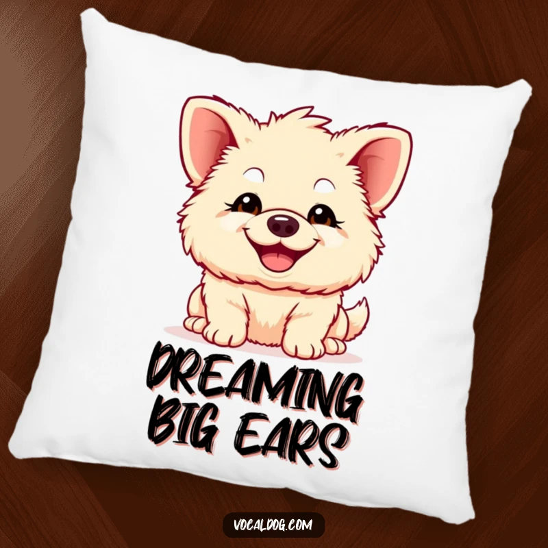 Funny fluffy dog pillow, showing a cute dog with huge ears and a wide, beaming smile, bringing cozy humor and adorable charm to any room.