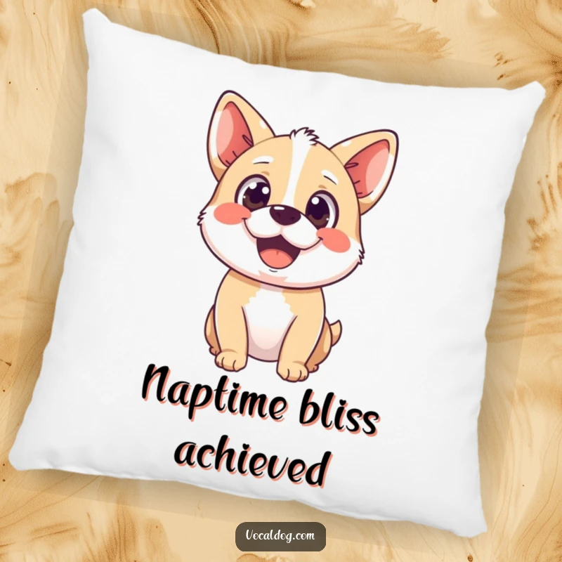 Funny pillow with a happy dog character, wide delighted gaze, embodying pure bliss and cozy comfort.