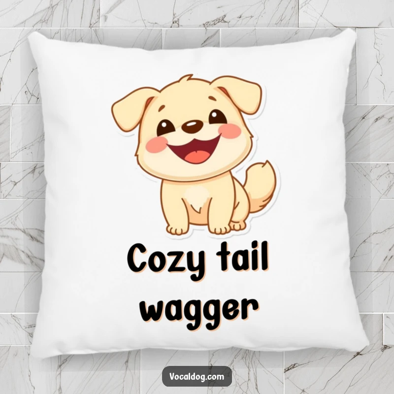 Funny pillow design of a cheerful dog with a wide smile and a bouncy tail, embodying pure joy and positive energy, decorative cushion.