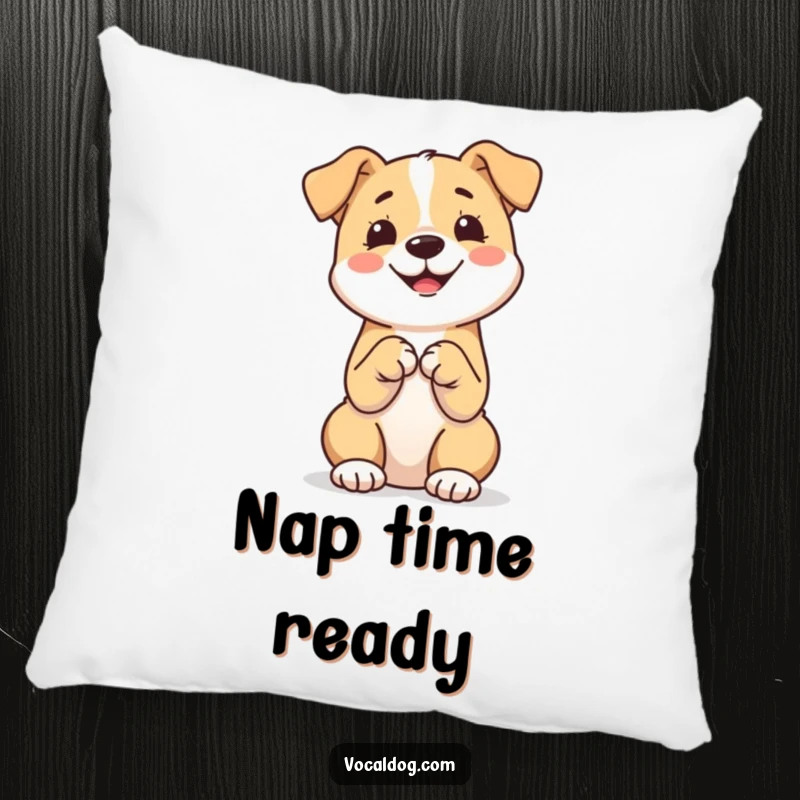 Funny pillow with a dog sitting happily with paws together, providing a cozy and humorous accent for any pet lover's space.