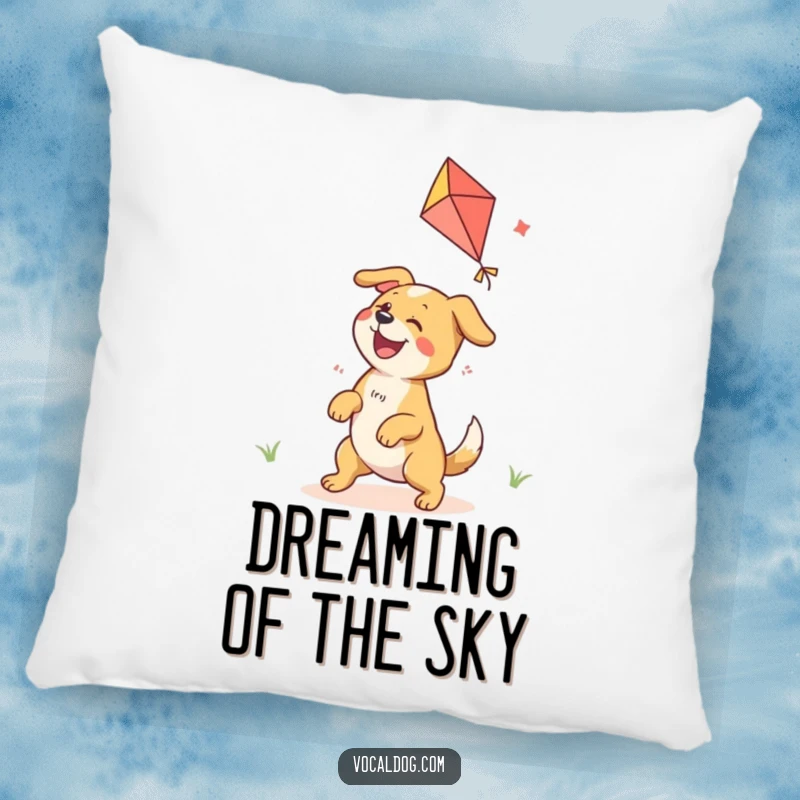 Funny Decorative Pillow with an ecstatic dog character ecstatically playing with a brightly colored kite, perfect for a child's room.