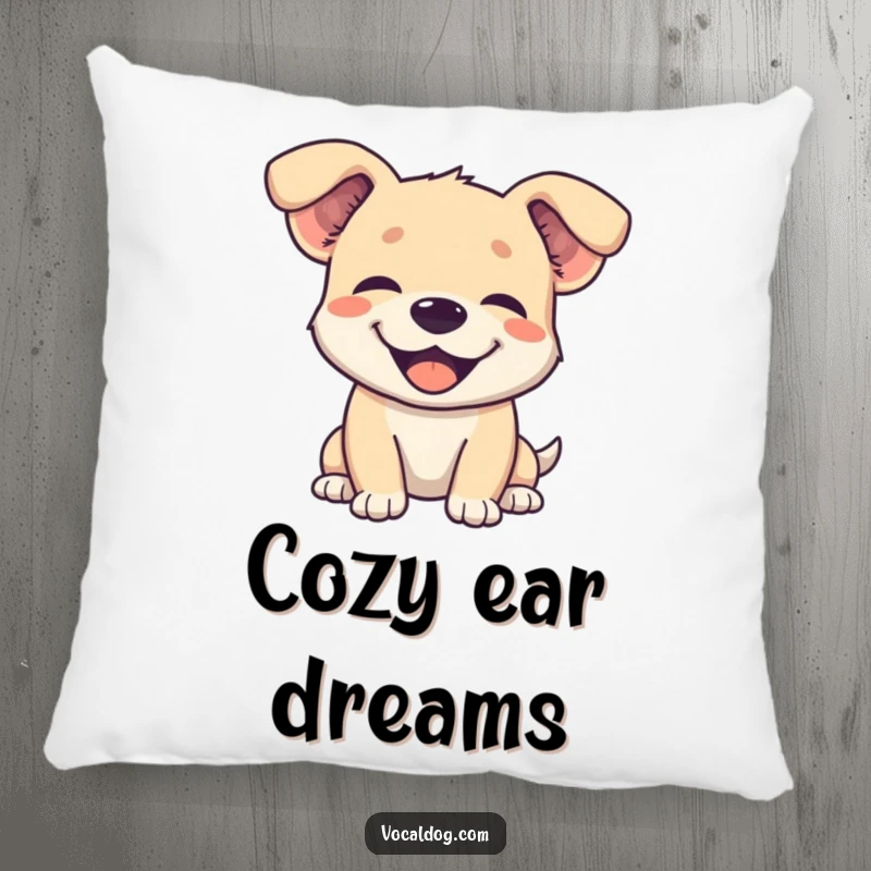 Funny pillow featuring a dog with its ears comically flopped back, eyes closed in an expression of pure bliss.
