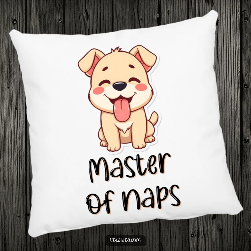 A happy dog character with its tongue lolling out, embodying utter contentment, creating a humorous centerpiece on this soft pillow.