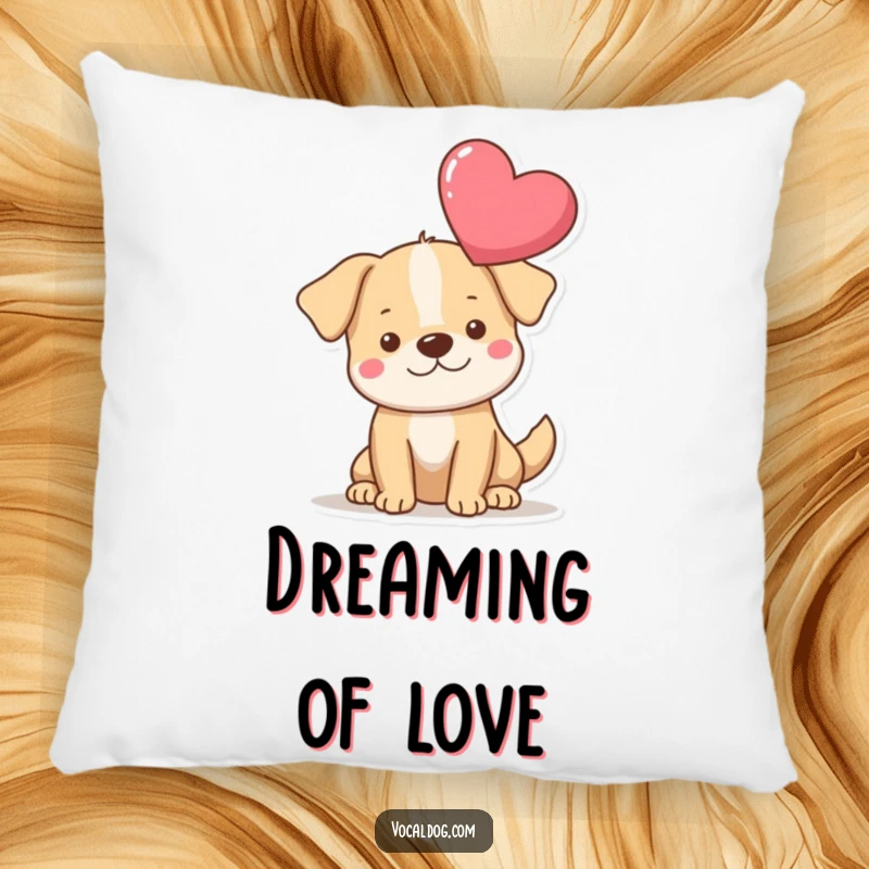 Funny heart dog pillow featuring a dog with a large heart floating above, providing comfort and radiating pure love. Ideal funny gift.