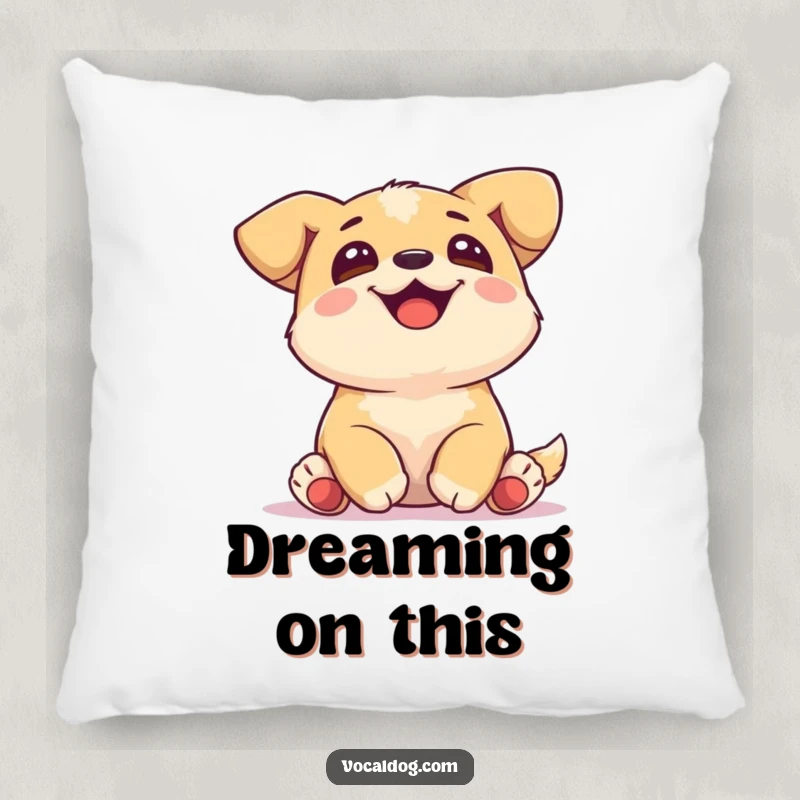 Funny Pillow featuring a joyful dog with tucked paws, looking upwards with a serene and happy expression.