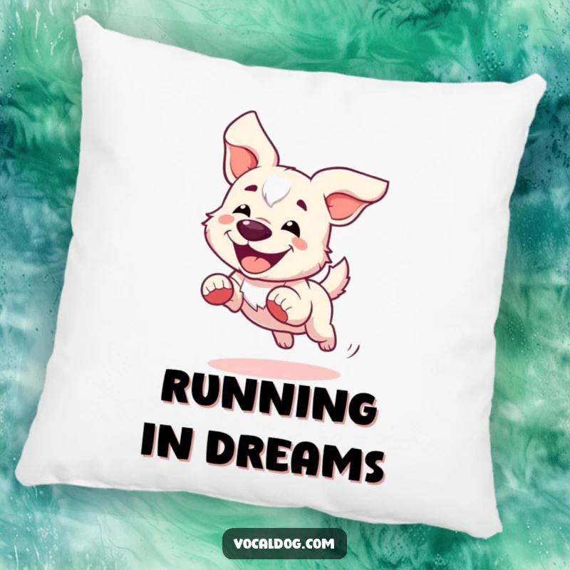 Funny Pillow featuring a dog joyfully running with ears flapping in the wind, offering comfort and fun.