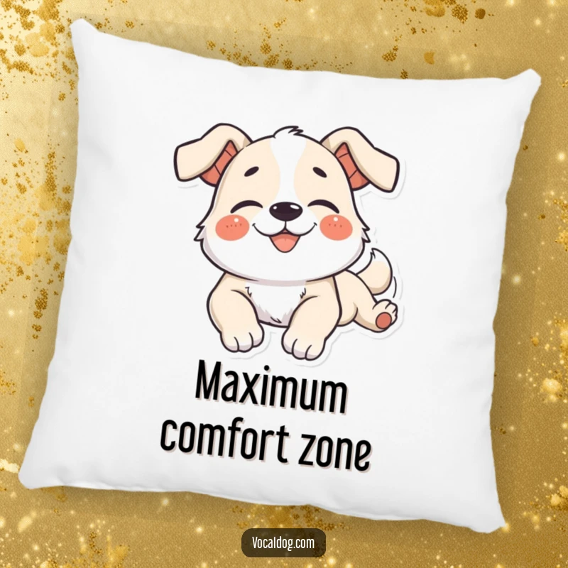 Funny Pillow of a dog character in a languid stretch, wearing a blissful smile of perfect relaxation.