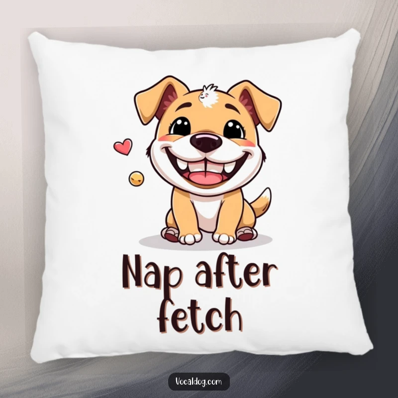 Funny Pillow: A soft, plush pillow showcasing a dog with an ecstatic grin enthusiastically playing fetch, adding comfort and humor.