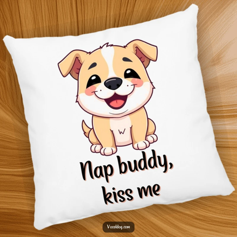 Funny pillow design of a dog offering a friendly slobbery kiss with a charming smile, embodying playful affection and warmth, decorative cushion.