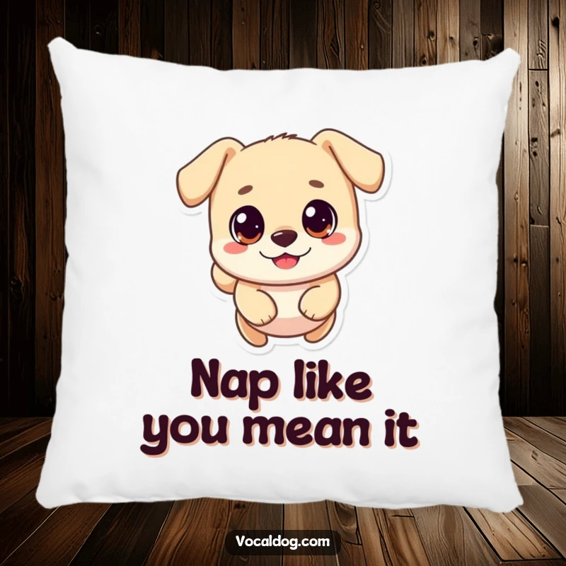 Funny pillow featuring a small, round dog character with big happy eyes, captured in a playful, energetic leap.
