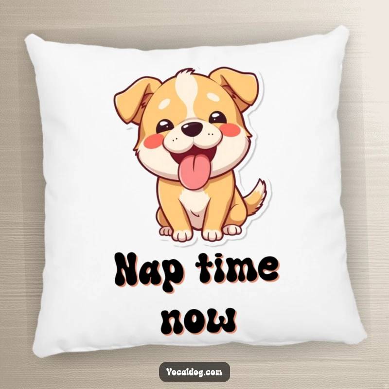Funny pillow featuring a happy dog panting with its tongue out and a wide smile. Perfect for adding funny, cozy charm to any space.
