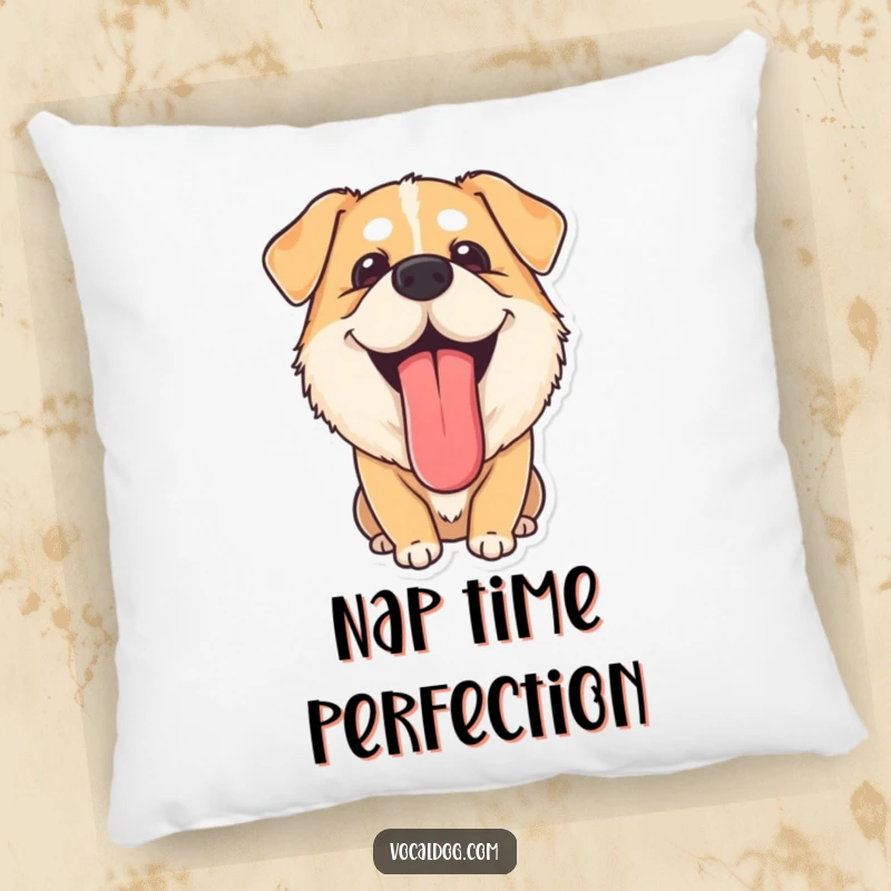 Funny Pillow: A dog with its tongue lolling out, looking utterly content. This soft and funny pillow brings ultimate relaxation.