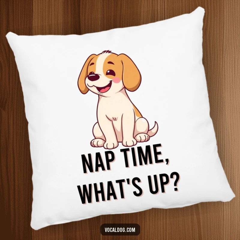 Funny pillow showcasing a dog with its head tilted and a broad smile, providing comfort and a humorous, endearing touch to any room.