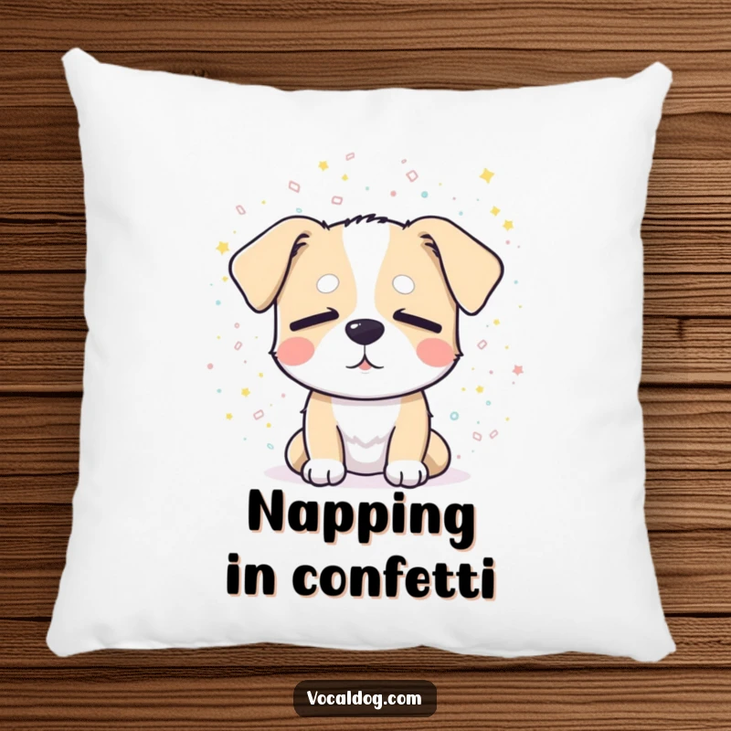 Funny pillow featuring a dog with closed eyes, enjoying a sparkling confetti shower, bringing a sense of pure joy.