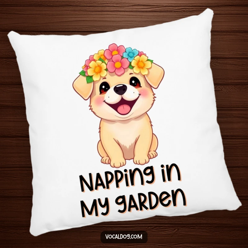 Funny dog pillow with a happy dog wearing a flower crown, offering soft comfort and a burst of cheerful energy.