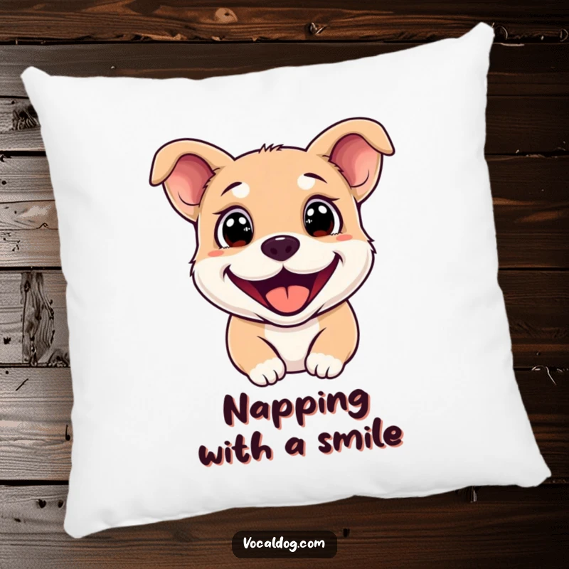 Funny Pillow adorned with a happy dog whose eyes sparkle and grin is wide, offering comfort and humor.
