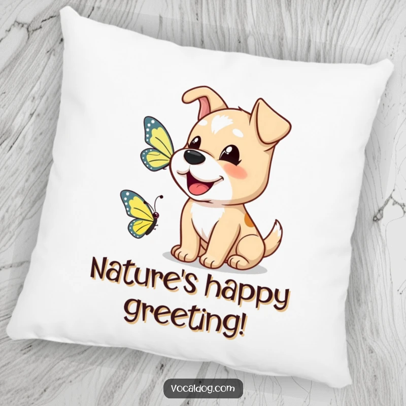 Funny dog pillow with a happy dog barking a greeting to a butterfly, perfect for cozying up.