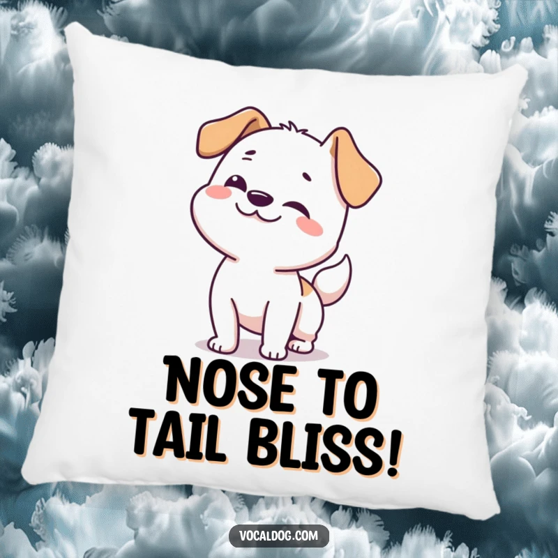 Funny dog pillow featuring a happy dog doing a full-body wiggle from nose to tail, symbolizing pure delight.