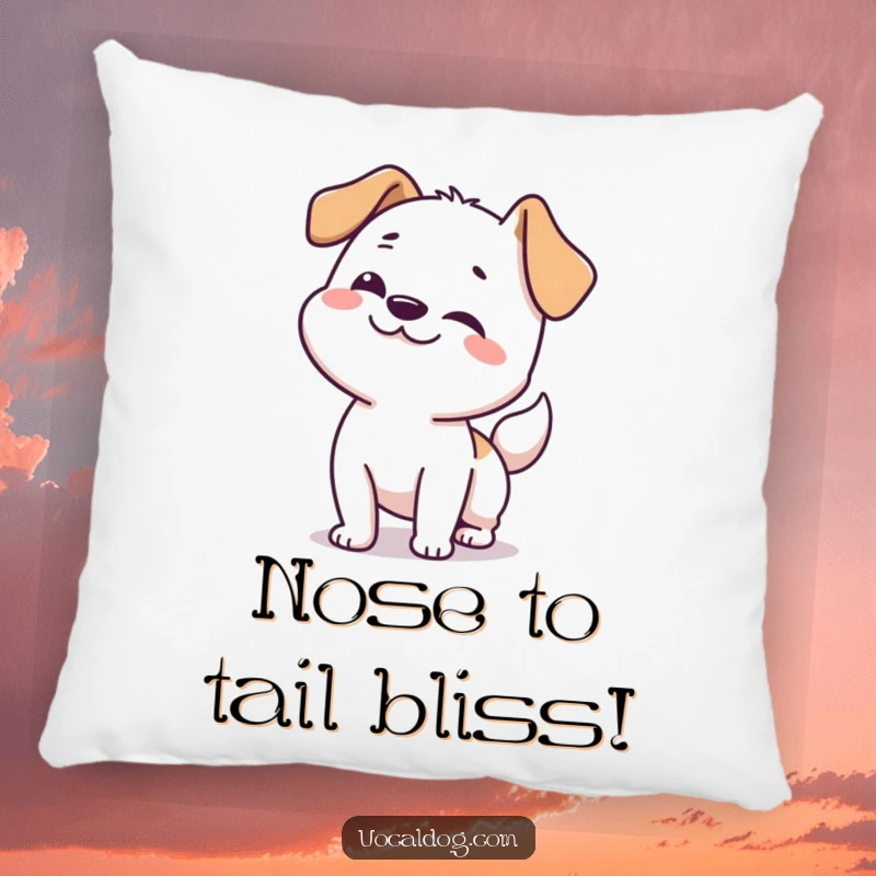 Funny dog pillow featuring a happy dog doing a full-body wiggle from nose to tail, symbolizing pure delight.