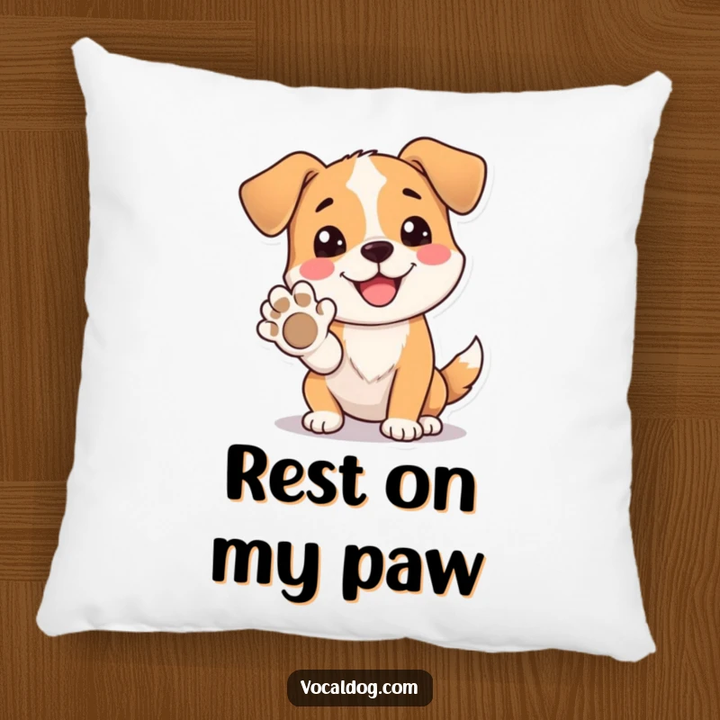 Funny Pillow with a dog beaming happily while offering its paw, embodying pure joy and a friendly greeting.