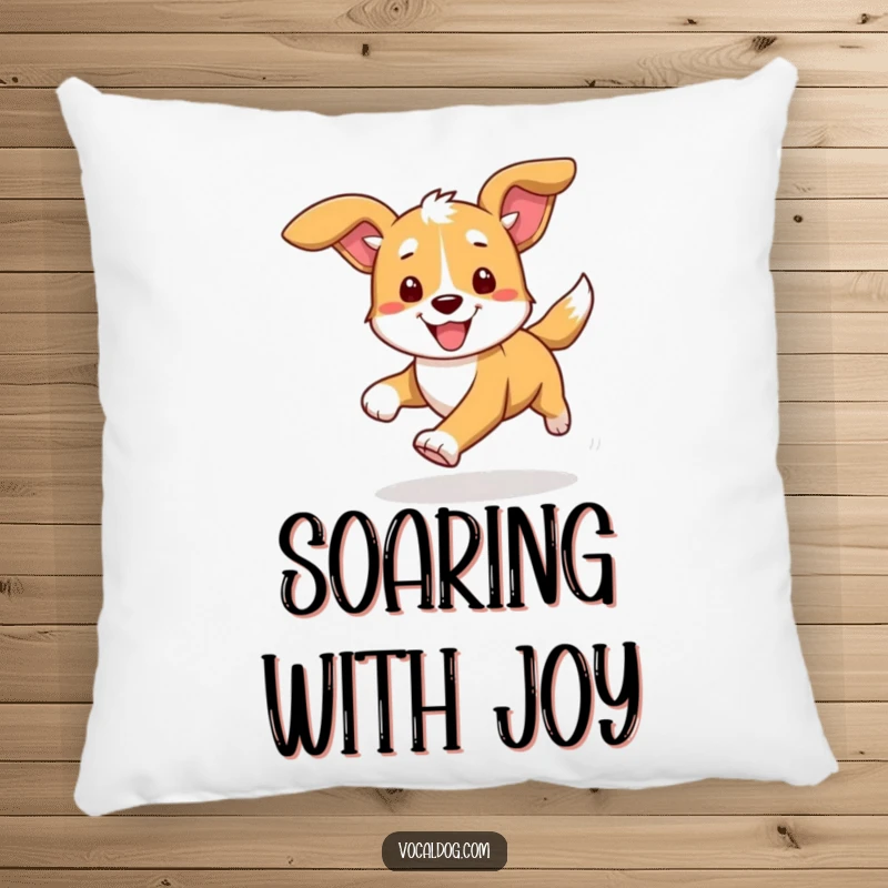 Funny pillow showcasing a dog in joyful motion, ears dramatically flapping, bringing a sense of fun and active energy to any cozy spot.