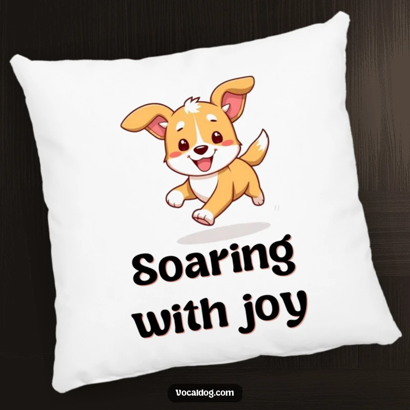 Funny pillow showcasing a dog in joyful motion, ears dramatically flapping, bringing a sense of fun and active energy to any cozy spot.