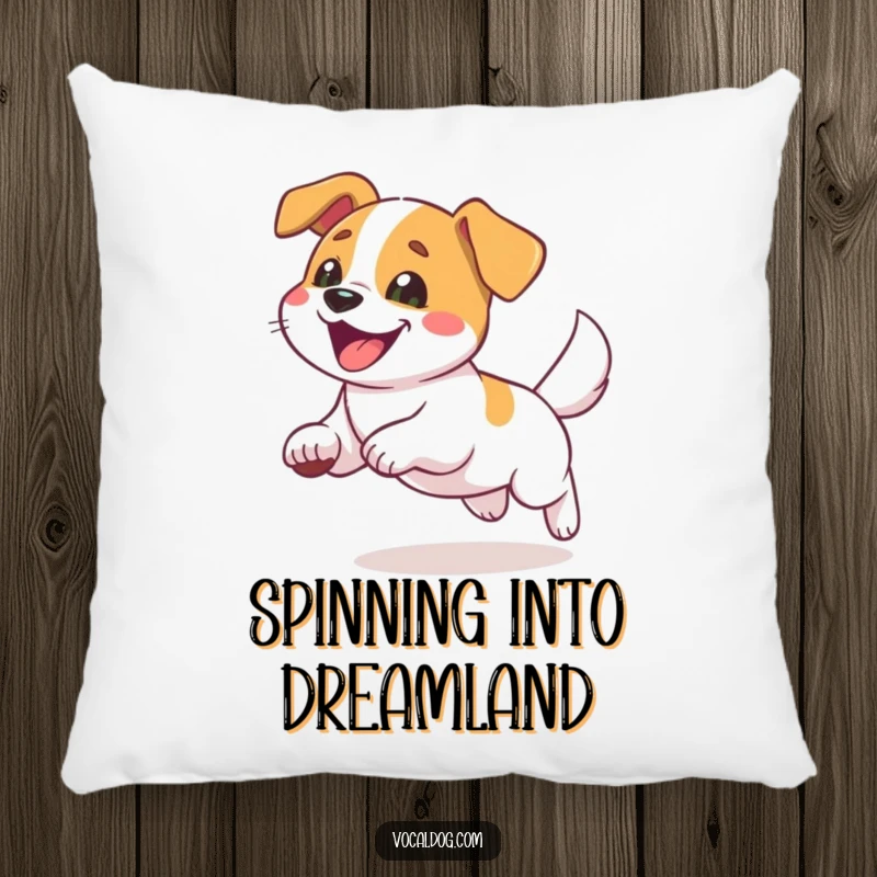 Funny dog pillow featuring a dog joyfully chasing its tail, offering soft comfort and a humorous visual.
