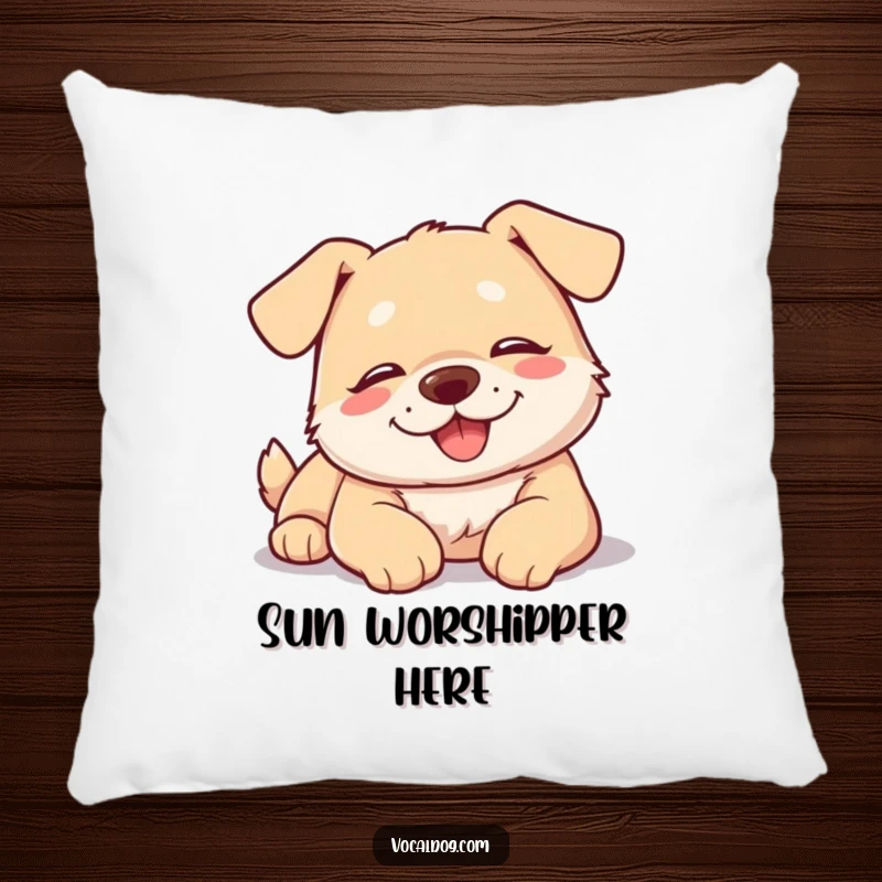 Funny dog pillow featuring a happy, relaxed dog lightly sunbathing, conveying ultimate peace and contentment.