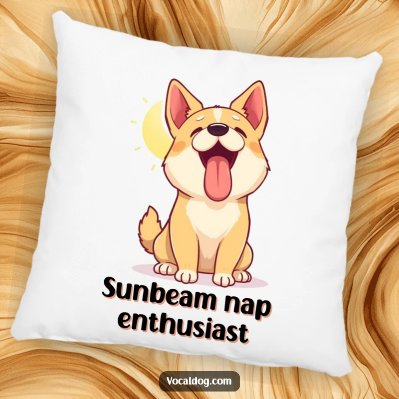 Funny pillow design of a dog tilting its head up, panting happily in the sun, embodying warmth and canine bliss, decorative cushion.