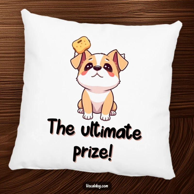 Funny dog pillow featuring a dog gazing upwards with adoration at a floating treat, symbolizing pure desire.