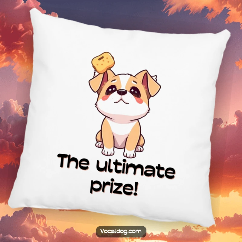 Funny dog pillow featuring a dog gazing upwards with adoration at a floating treat, symbolizing pure desire.