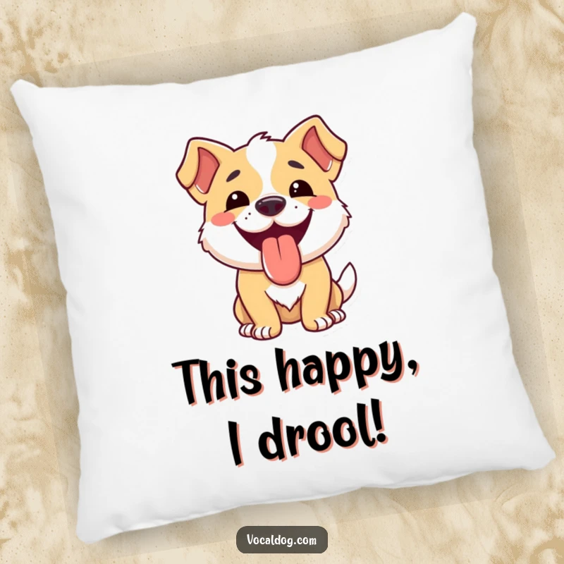 Funny dog pillow featuring a dog's wide smile and lolling tongue, symbolizing the epitome of canine happiness.