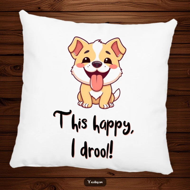 Funny dog pillow featuring a dog's wide smile and lolling tongue, symbolizing the epitome of canine happiness.