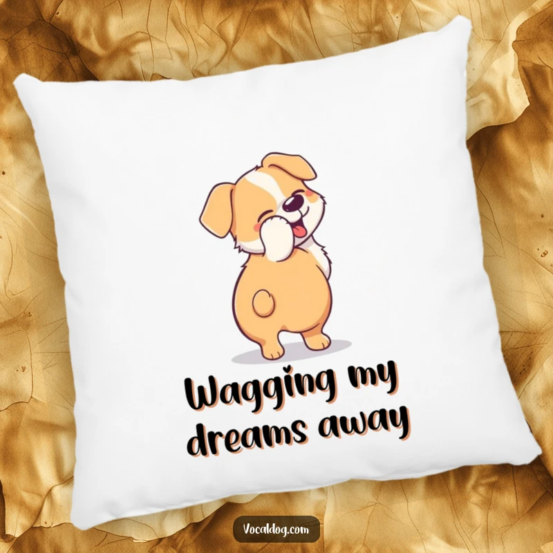 Funny pillow displaying a dog's tail blurred in a happy, circular motion, symbolizing extreme wagging and canine joy.