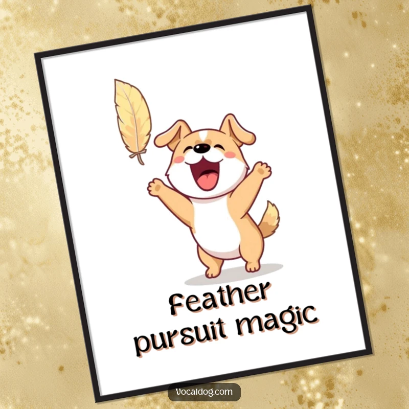 Funny digital art print of an excited dog barking and jumping for a floating feather, capturing playful pursuit and delight.