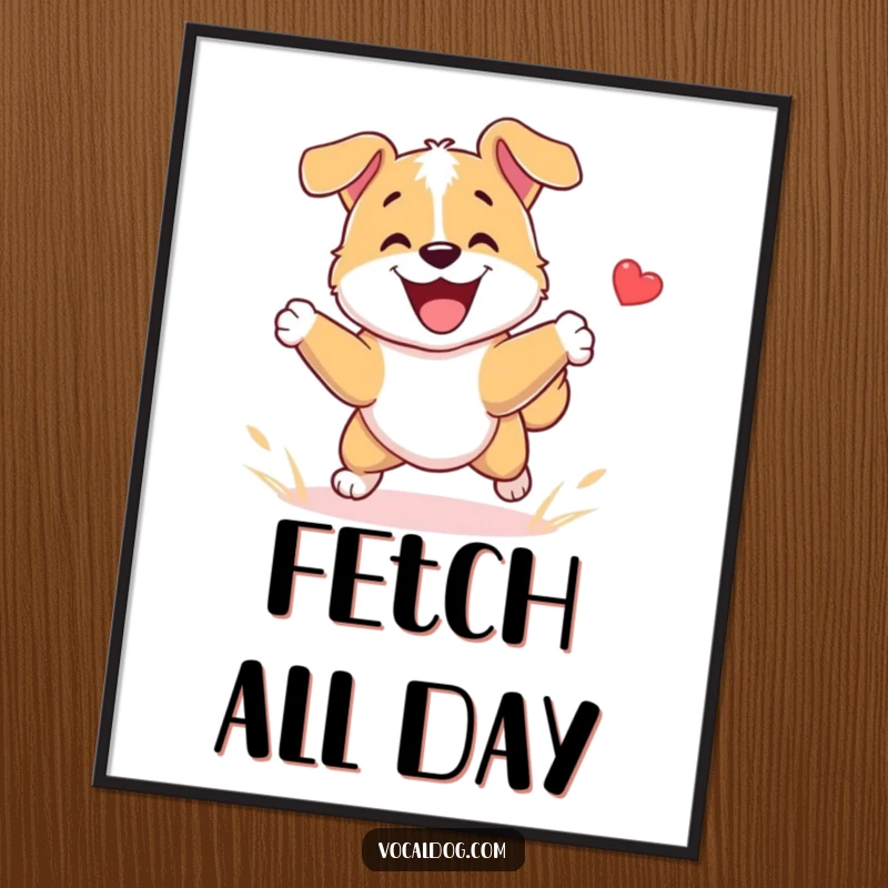 Funny Dog Digital Art Print of a dog character playing fetch with immense happiness, symbolizing pure joy and playful energy in a humorous and vibrant style.