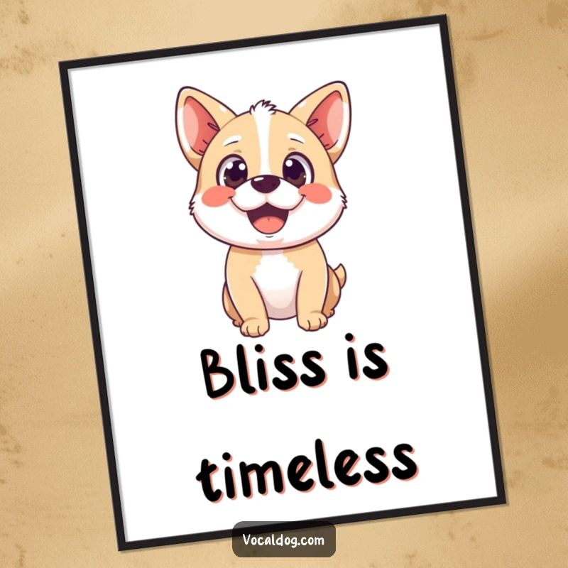 Funny digital art print of a happy dog character with a wide, delighted gaze, embodying pure bliss and art.